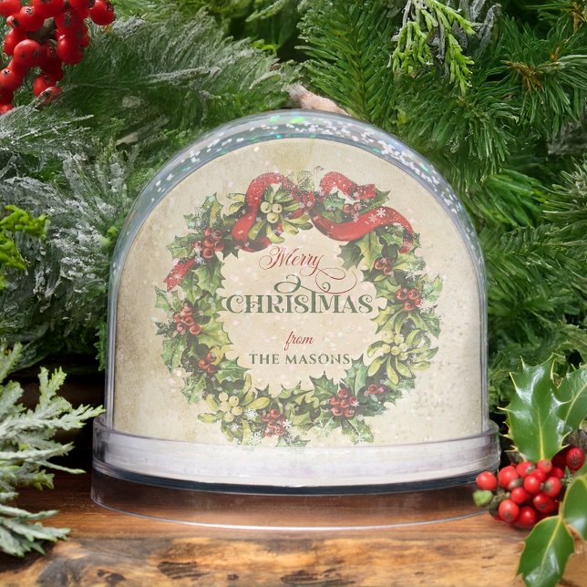 Vintage Merry Christmas Wreath Photo Snow Globe (Creator Uploaded)