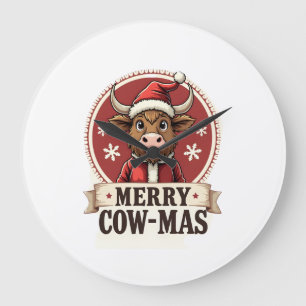 Vintage Merry Cow-Mas Highland Cow Christmas Carto Large Clock