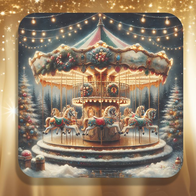 Vintage Merry-Go-Round Whimsical Christmas Square Sticker (Creator Uploaded)