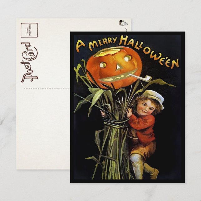 Vintage Merry Halloween Pumpkin Girl Postcard (Front/Back)