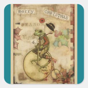 Vintage Merry little Christmas Frog on Bicycle Square Sticker