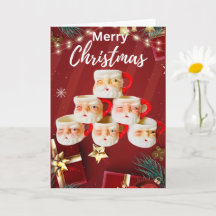 Vintage Merry Santa Mugs Christmas Card