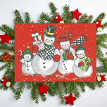 Vintage Merry Snowman Family Custom Christmas Holiday Card<br><div class="desc">Spread holiday cheer with this vintage Christmas card that features a cute snow family decked out in holiday winter wear and carrying presents.  Personalise by customising the message on the back and/or adding your name(s) or leave the text boxes blank if you would rather add handwritten messages before delivering.</div>