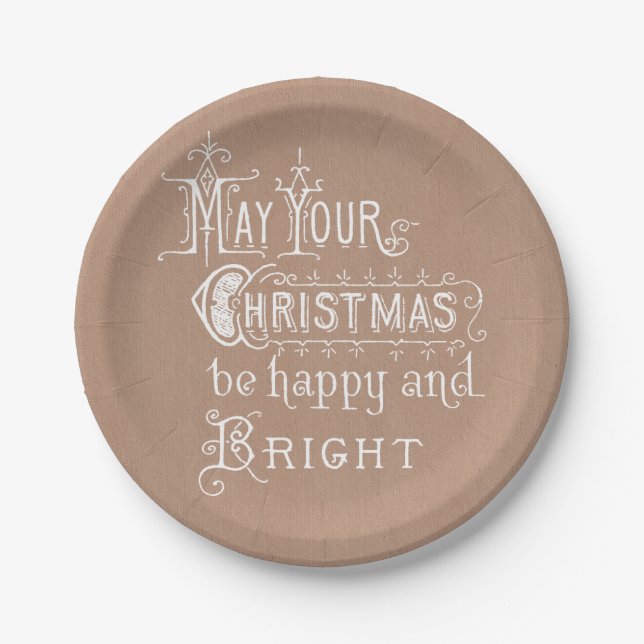 Vintage Message White on Kraft Christmas Paper Plate (Front)