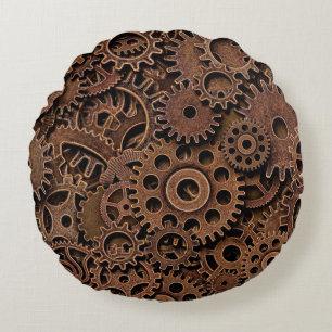 Vintage metal brass gears round cushion