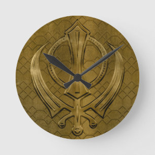 Vintage metal gold Khanda symbol Round Clock