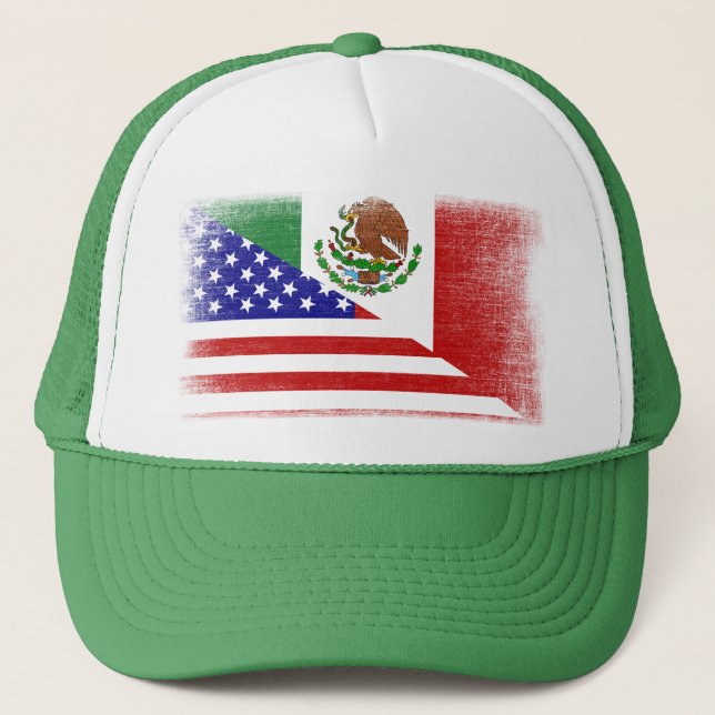 Vintage Mexican American Grunge Flag Trucker Hat (Front)