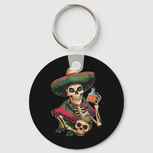 Vintage Mexican Skull Drinking Beer Cinco De Mayo Key Ring