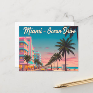  Vintage Miami, Ocean Drive Travel Postcard