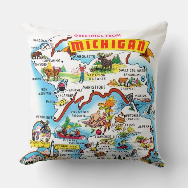 Vintage Michigan Greetings Map  Cushion (Front)