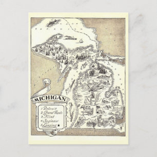 Vintage Michigan Map Postcard