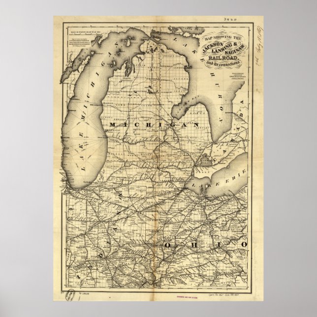 Vintage Michigan, Ohio and Indiana Railroad Map Poster (Front)