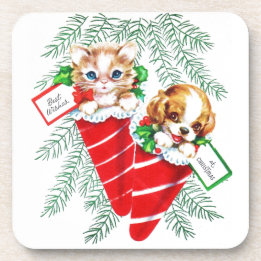 Vintage Mid Century Beautiful Baby Puppy Kitten Coaster