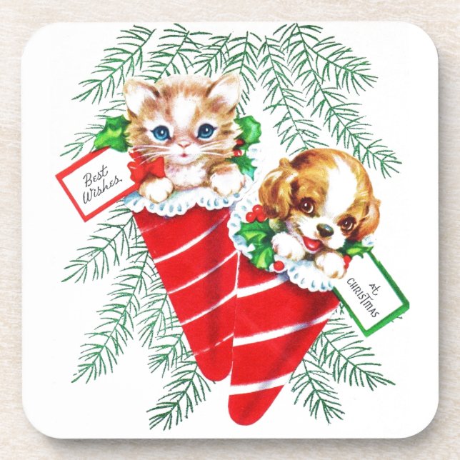 Vintage Mid Century Beautiful Baby Puppy Kitten Coaster (Front)