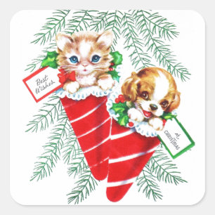 Vintage Mid Century Beautiful Baby Puppy Kitten Square Sticker