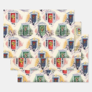 Vintage Mid-Century Christmas Doorways Wrapping Paper Sheet
