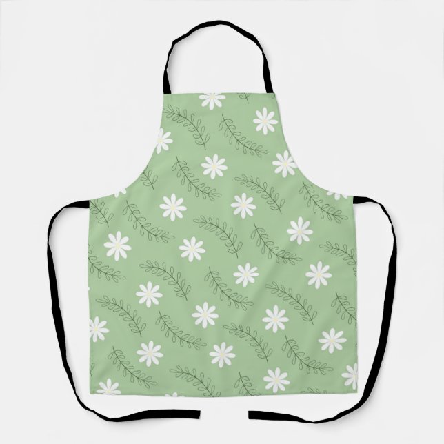 Vintage Mid Century Green White Flower Pattern Apron (Front)