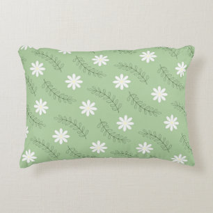 Vintage Mid Century Green White Flower Pattern Decorative Cushion