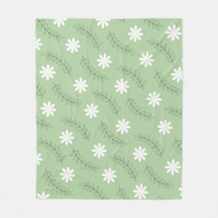 Vintage Mid Century Green White Flower Pattern Fleece Blanket
