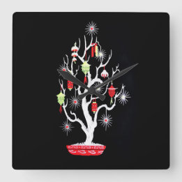 Vintage Mid Century Mod Asian Christmas Tree Square Wall Clock