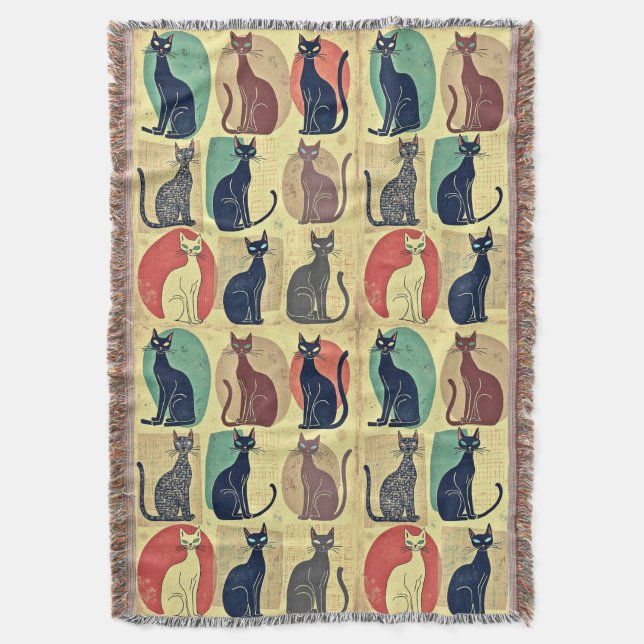 Vintage Mid-Century Modern Cats Throw Blanket (Front Vertical)