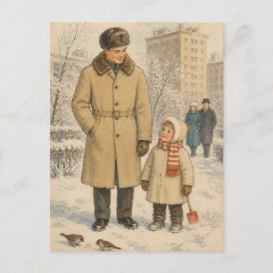 Vintage Mid-Century Winter Family Walk Nostalgic Postcard