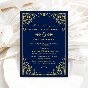  Vintage Midnight Blue and Gold Art Deco Wedding Invitation