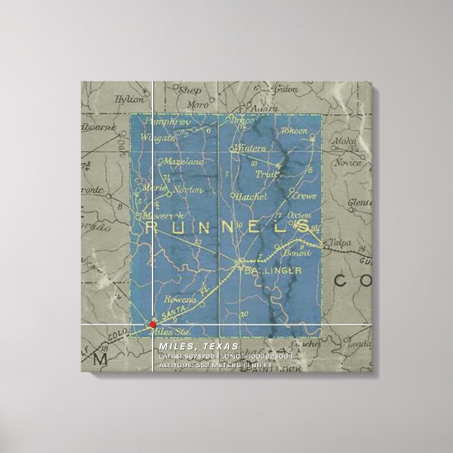 Vintage Miles, Texas Map Stretched Canvas Print (Front)