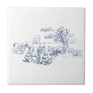Vintage Milk maids Milking Cows Delft Blue White Tile