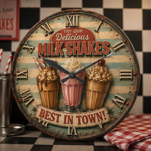 Vintage Milkshake Retro Diner Kitchen Ice Cream Large Clock