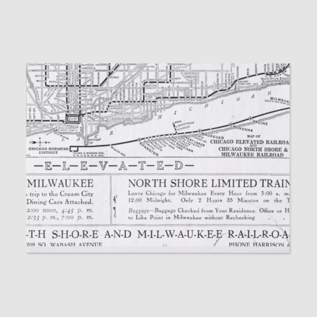 Vintage Milwaukee Railroad Map Tissue Paper (Front)