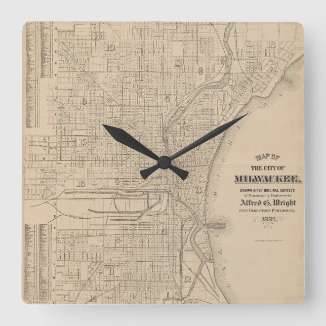 Vintage Milwaukee, Wisconsin Map Square Wall Clock (Front)
