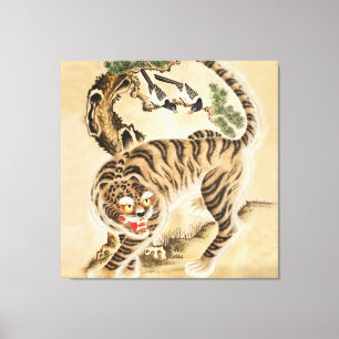 Vintage Minhwa Tiger Under Pine Tree Canvas Print
