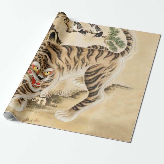 Vintage Minhwa Tiger Under Pine Tree Wrapping Paper (Unrolled)