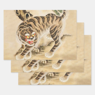 Vintage Minhwa Tiger Under Pine Tree Wrapping Paper Sheet
