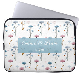 Vintage Minimal Blue and Pink Floral Personalized Laptop Sleeve