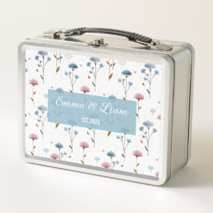 Vintage Minimal Blue and Pink Floral Personalized Metal Lunch Box