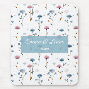 Vintage Minimal Blue and Pink Floral Personalized Mouse Mat