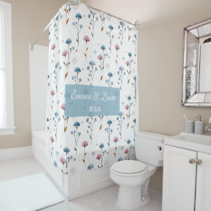 Vintage Minimal Blue and Pink Floral Personalized Shower Curtain