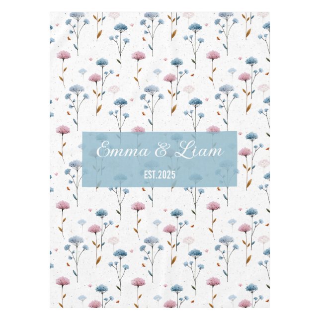 Vintage Minimal Blue and Pink Floral Personalized Tablecloth (Front)