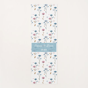 Vintage Minimal Blue and Pink Floral Personalized Yoga Mat