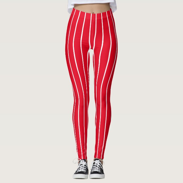 Vintage Minimal Red and Thin White Stripes Leggings (Front)