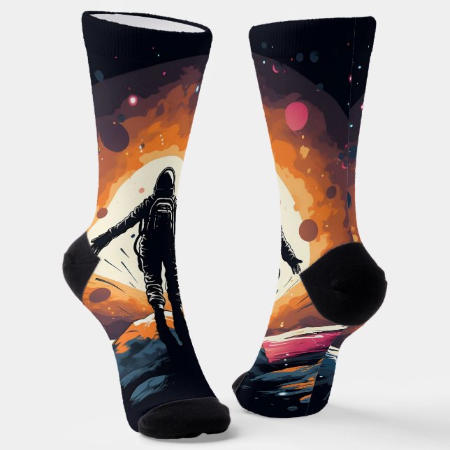 Vintage Minimalist Astronaut Space Adventure Socks (Angled)
