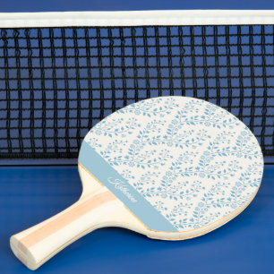 Vintage Minimalist Dusty Blue Cream Floral Script Ping Pong Paddle