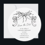 Vintage Minimalist Romantic Black White Wedding  Save The Date<br><div class="desc">Announce your big day in timeless elegance with this vintage-inspired round "Save the Date" card featuring hand-drawn botanical illustrations and graceful calligraphy. The design evokes an old-world charm with its delicate floral swag and ornamental ribbons, perfect for setting the tone for a romantic and sophisticated wedding. Ideal for formal weddings...</div>