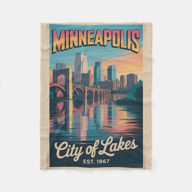 Vintage Minneapolis Minnesota Retro Travel Poster  Fleece Blanket (Front)