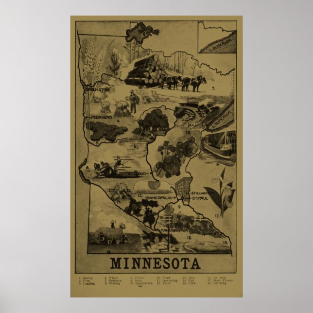Vintage Minnesota Illustrative Map (1921) - Tan Poster (Front)