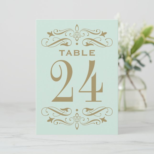 Vintage Mint Antique Flourish Wedding Table Number (Standing Front)
