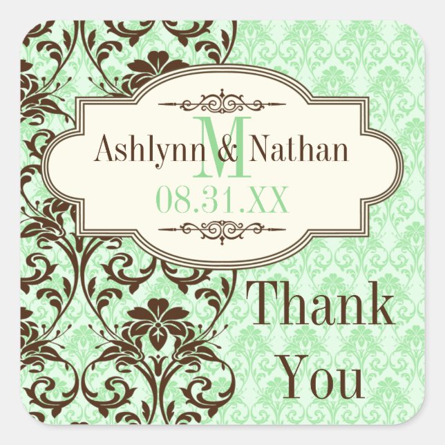 Vintage Mint, Brown Scrolls 1.5" Wedding Sticker (Front)