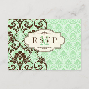 Vintage Mint, Brown Scrolls Wedding Reply Card